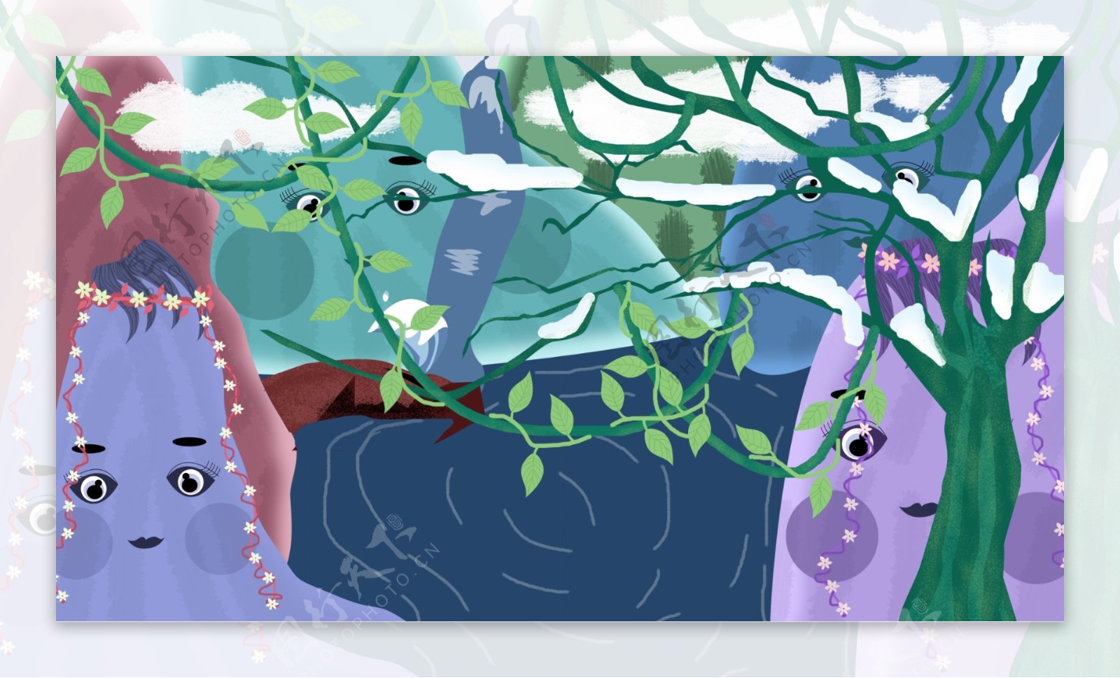 山物记可爱童话风树林背景手绘设计