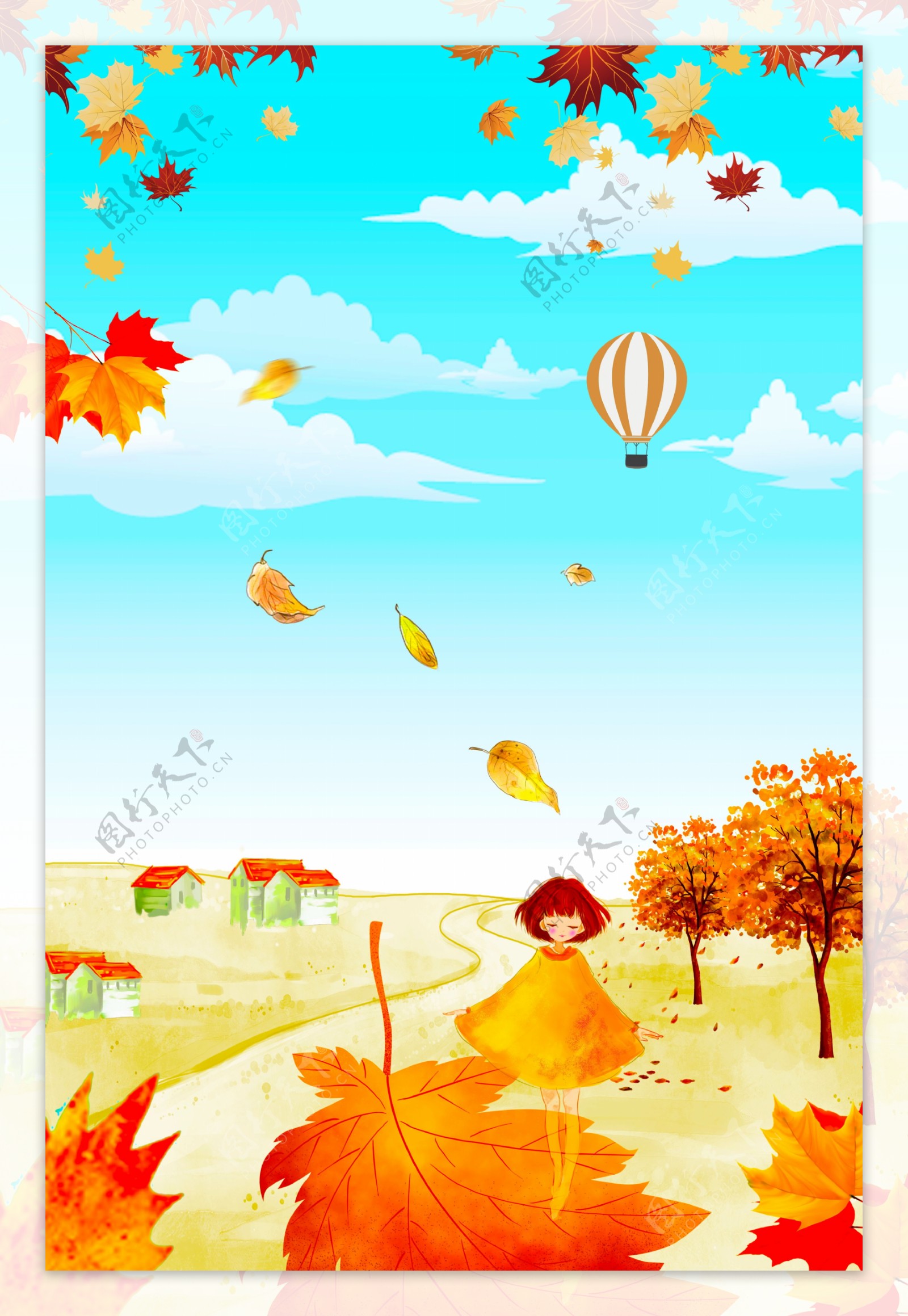 彩绘秋季旅游女孩海报背景素材