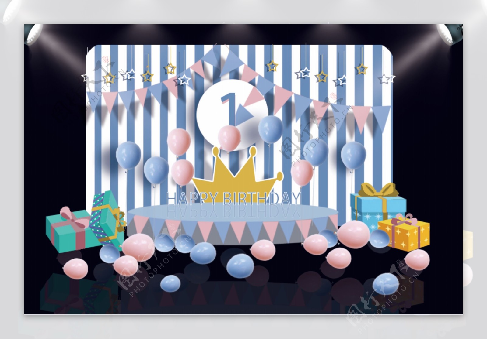 条纹蓝色主题宝宝宴舞台中心背景效果图