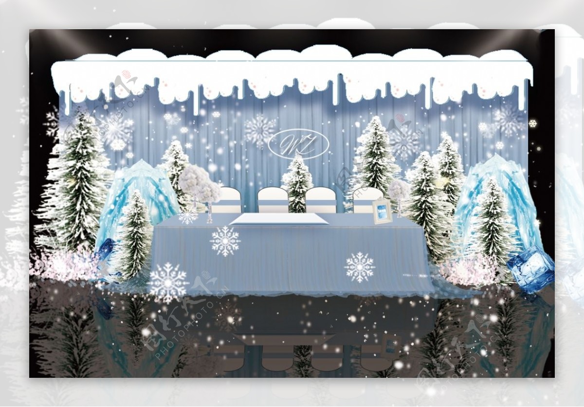 纯净蓝色冰雪圣诞树主题婚礼签到台效果图