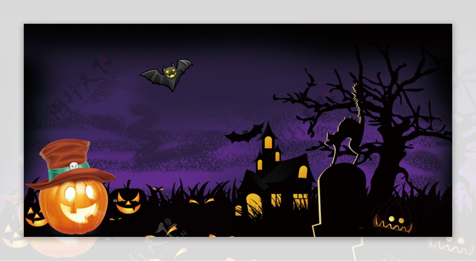魔鬼城堡南瓜灯蝙蝠万圣节背景