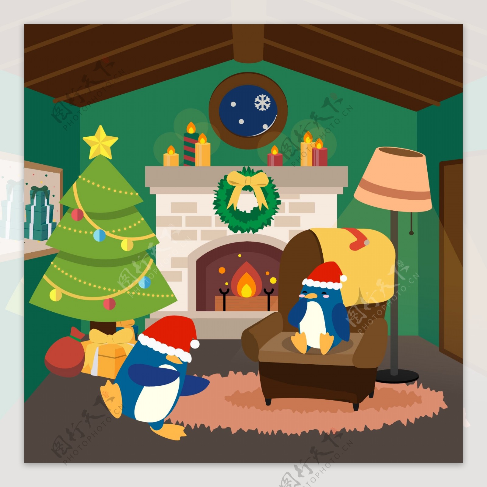 圣诞节日快乐卡通温暖室内元素