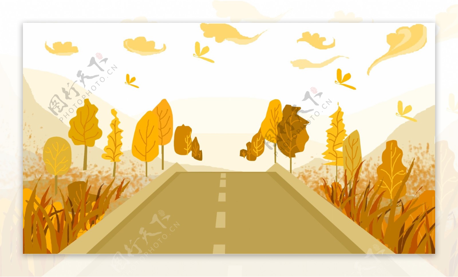 秋季田野公路卡通背景图