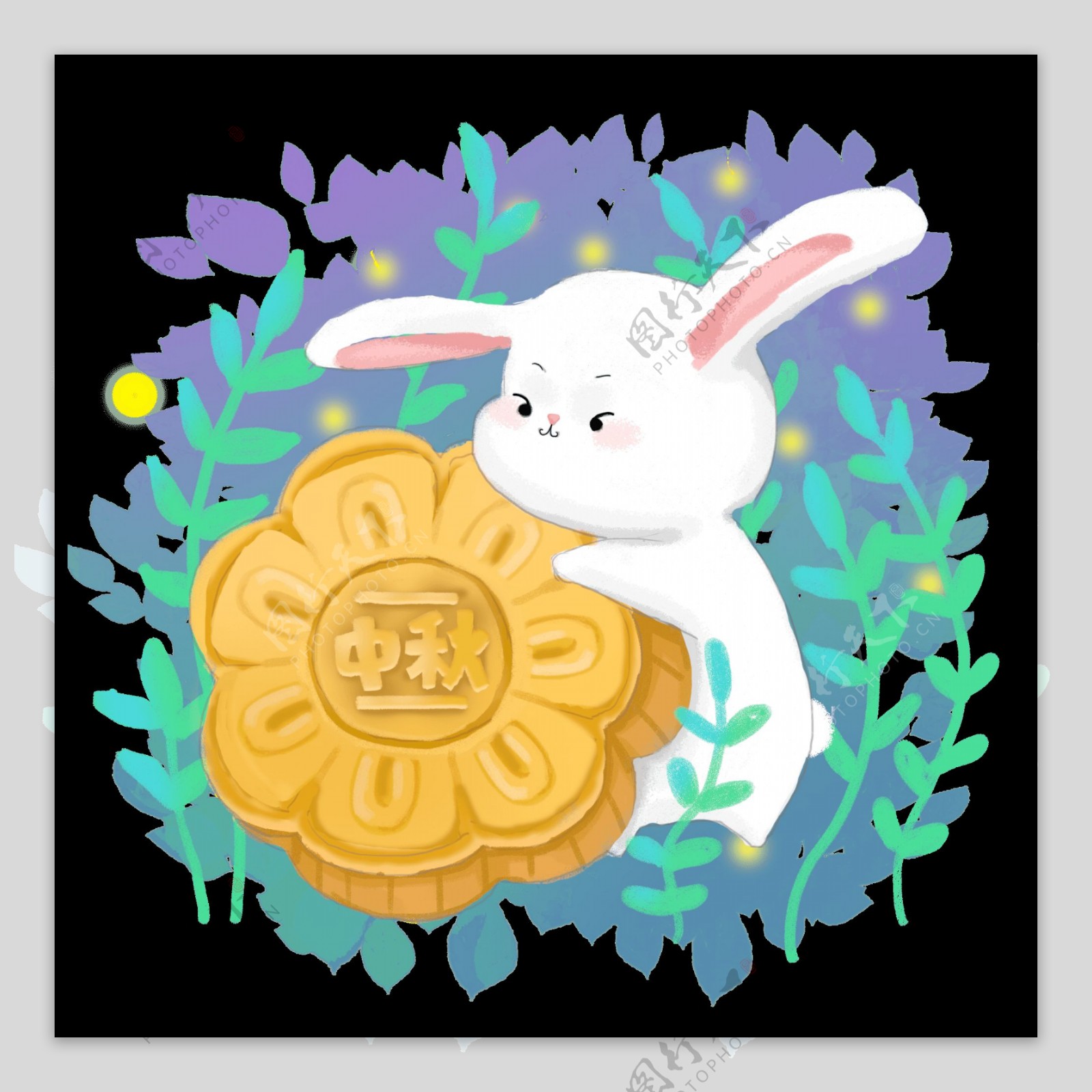 中秋节玉兔月饼可爱梦幻商业插画可爱卡哇伊兔子