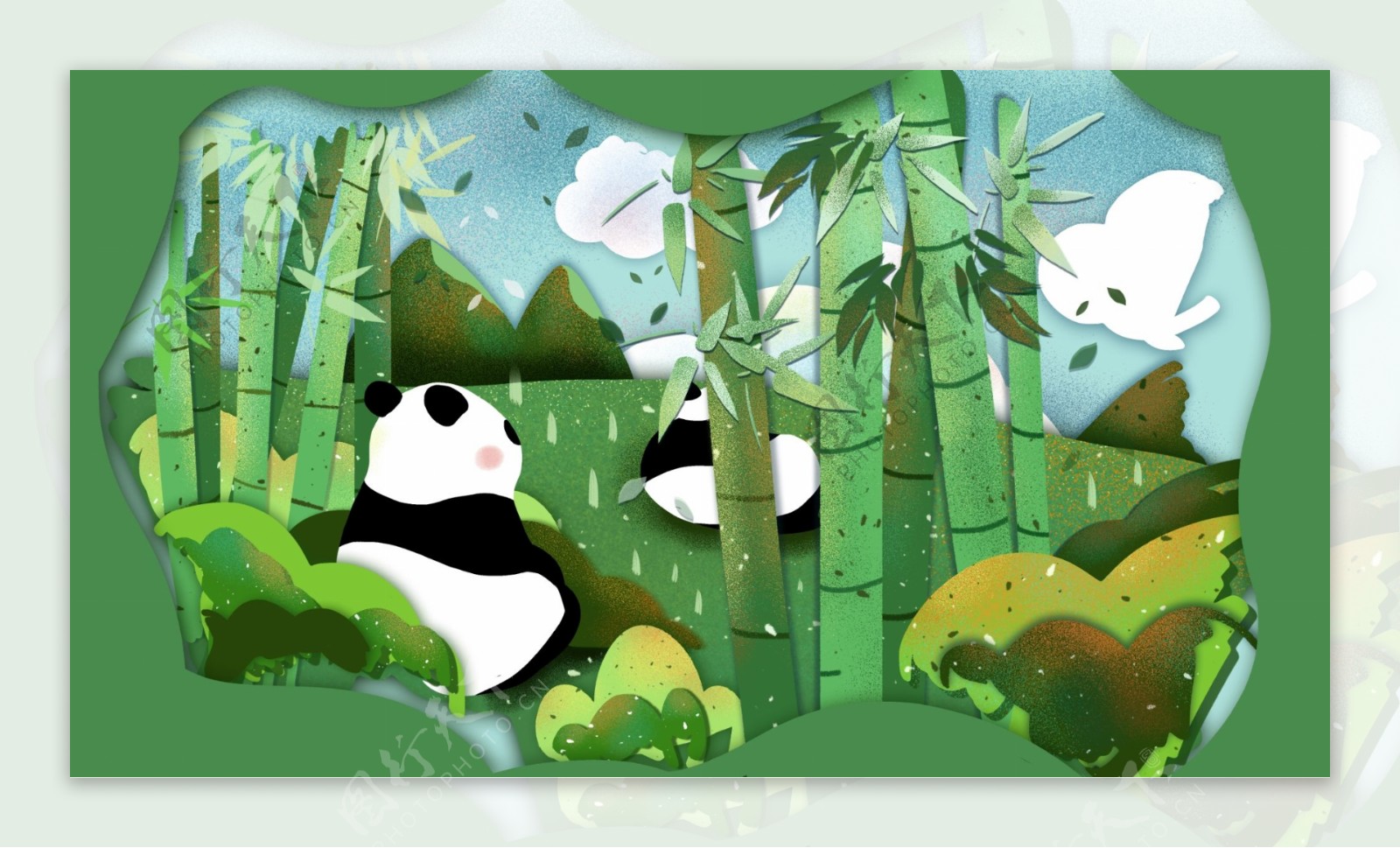 绿色竹林中玩耍的大熊猫卡通背景