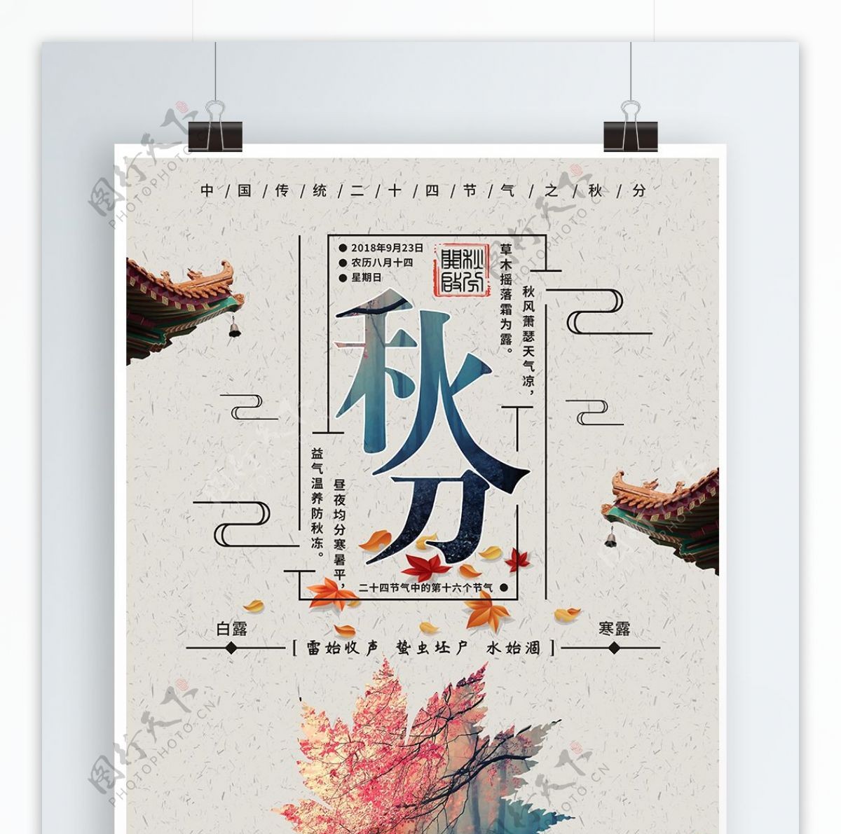 灰白色中国传统二十四节气秋分节日海报
