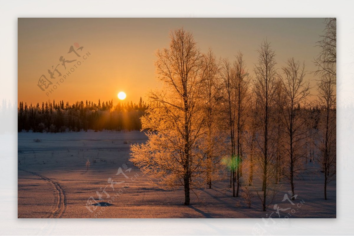 芬兰拉普兰区冬季日出和日落雪太