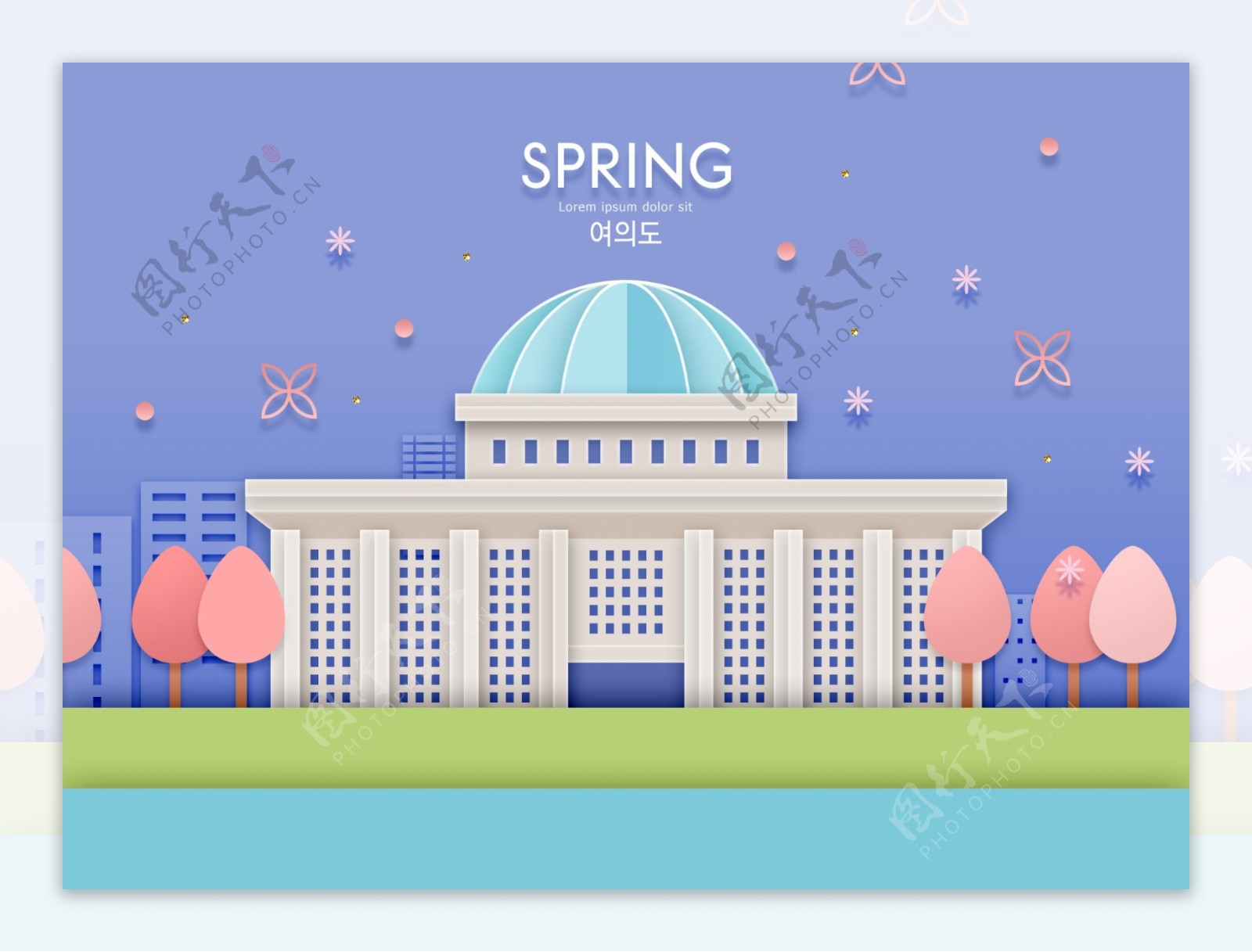 大气韩式春天气息立体建筑海报模板设计
