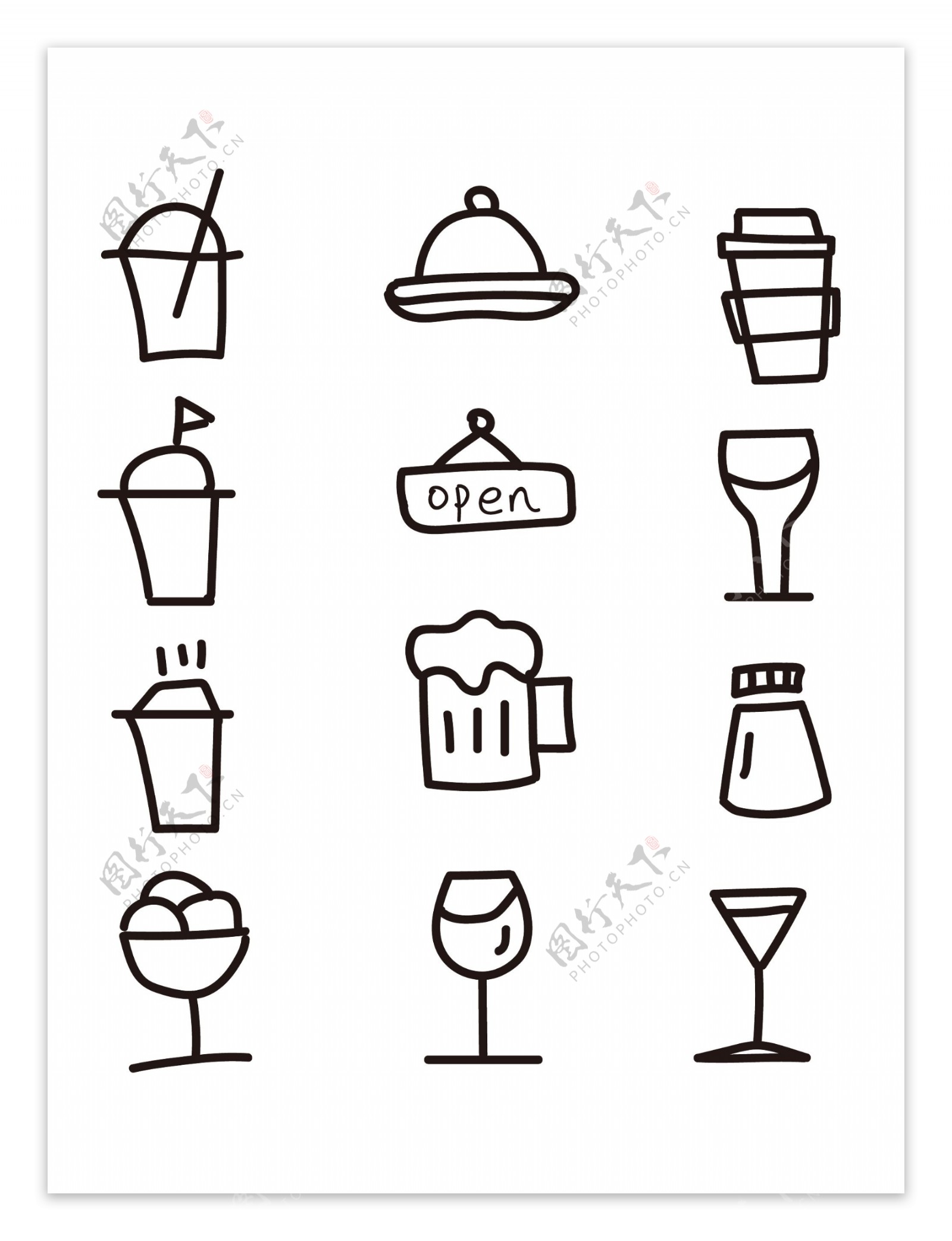 商用手绘简约可爱黑白餐厅元素线性小图标