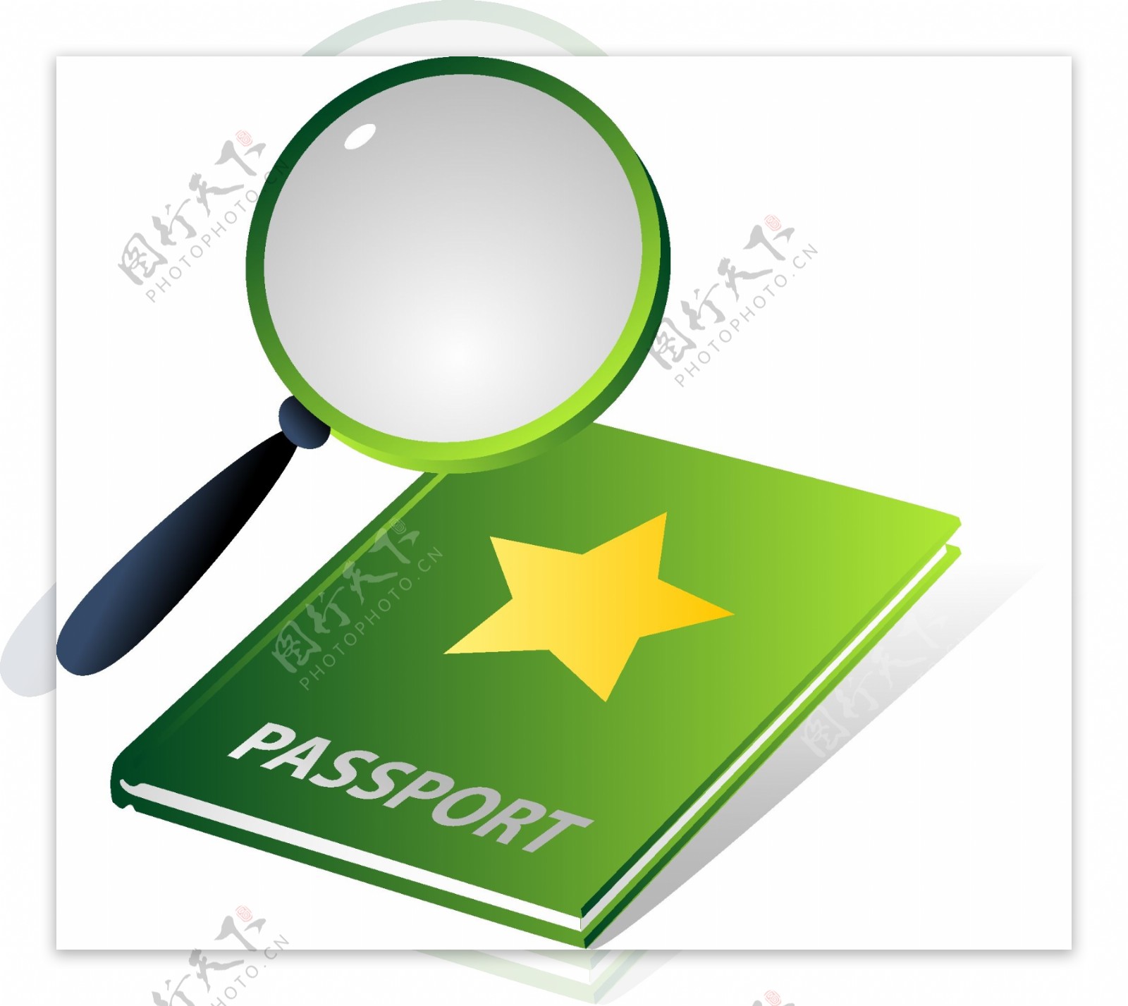 绿色通行证护照与放大镜