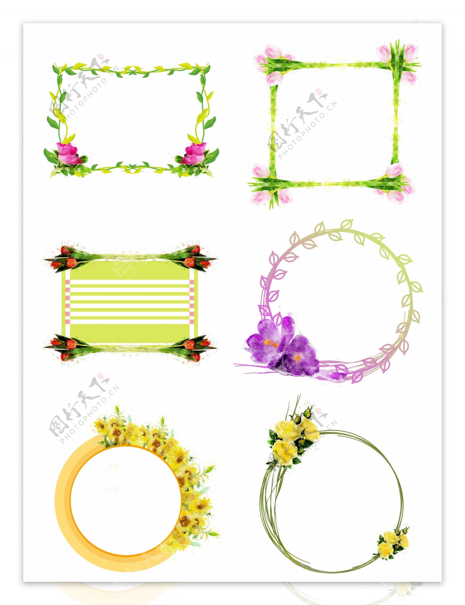 手绘圆形方形植物花卉紫色水彩边框元素合集