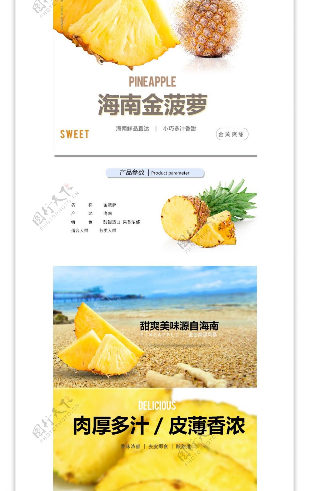 海南简约金菠萝凤梨菠萝新鲜水果详情页模版