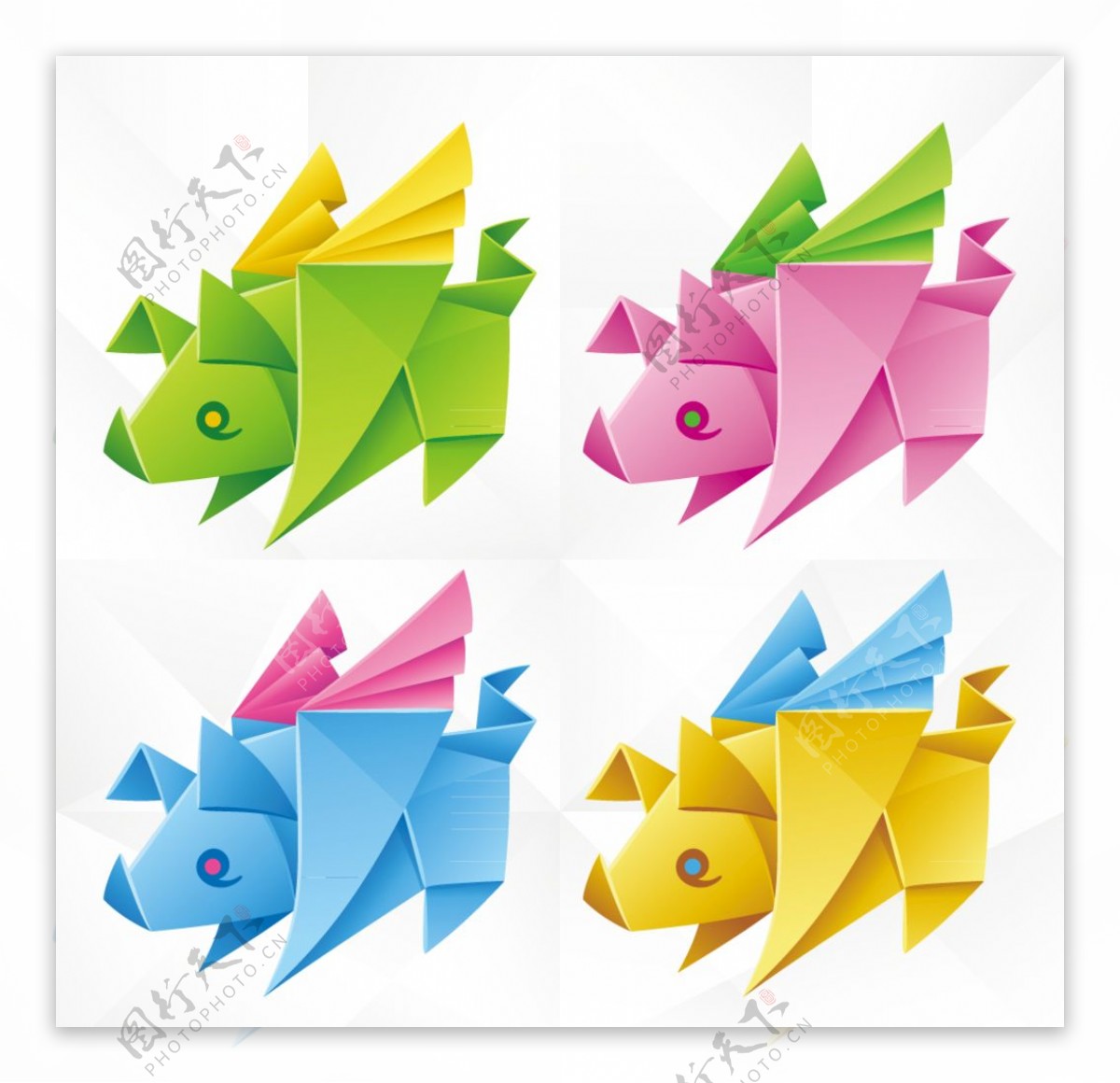 彩色带翅膀的猪折纸