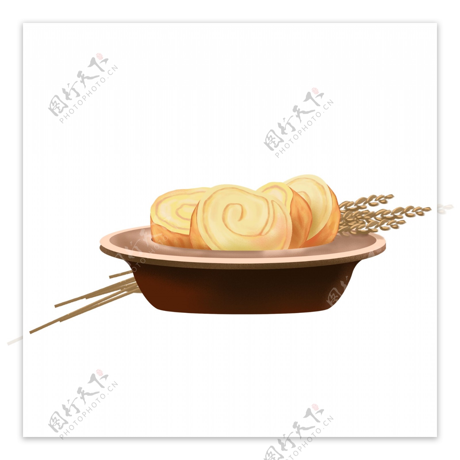 手绘碗里的面包和小麦设计