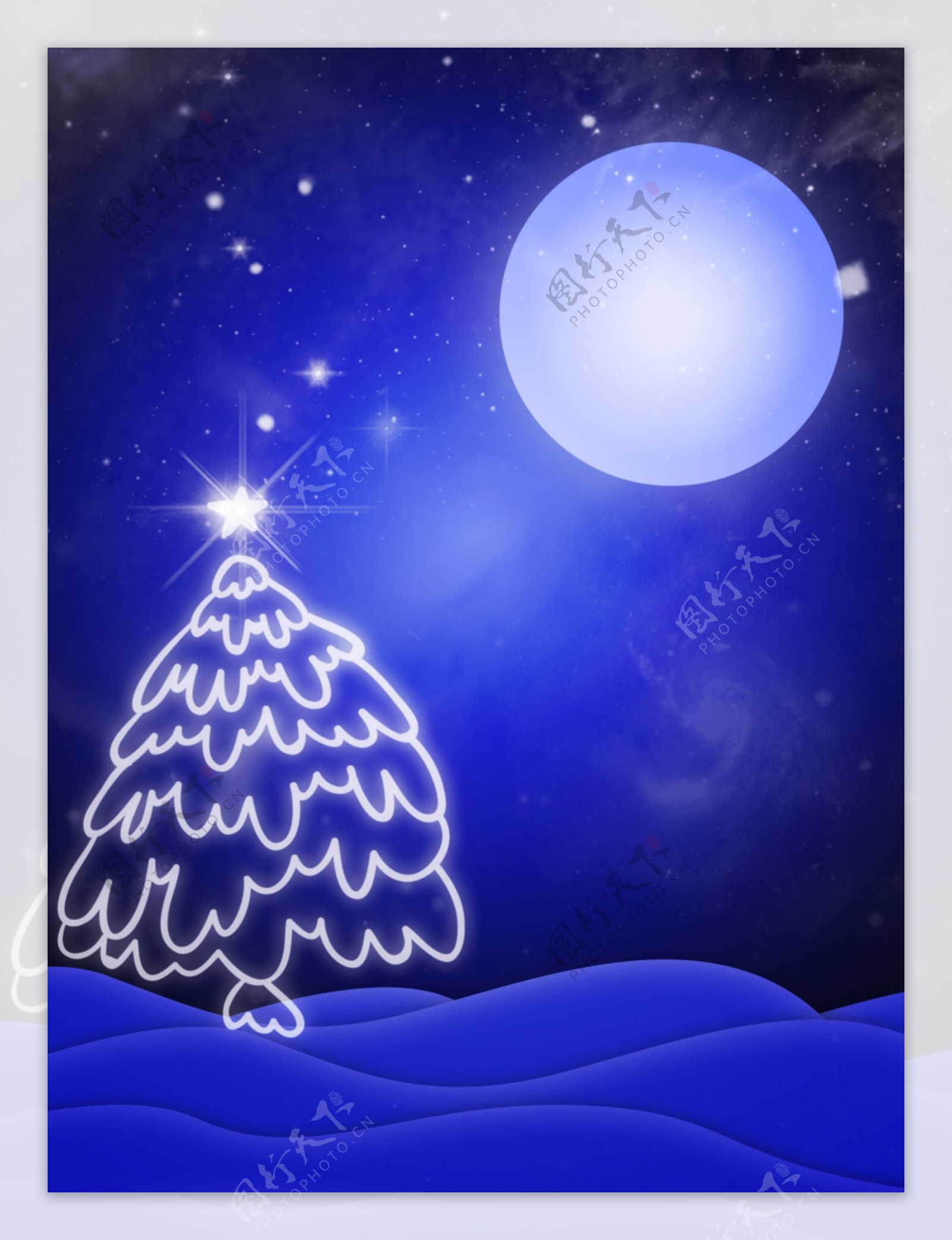 纯原创梦幻夜晚发光的圣诞树卡通背景