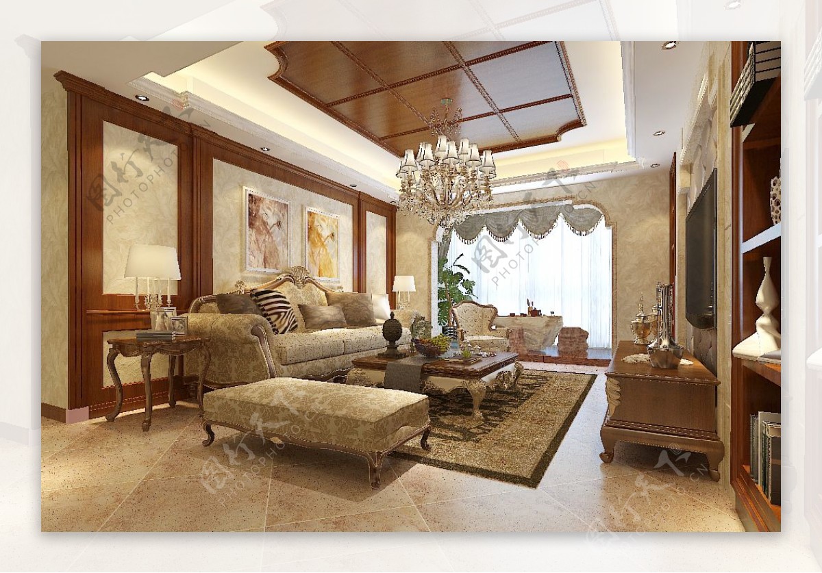 欧式暖色温馨客厅效果图模型空间