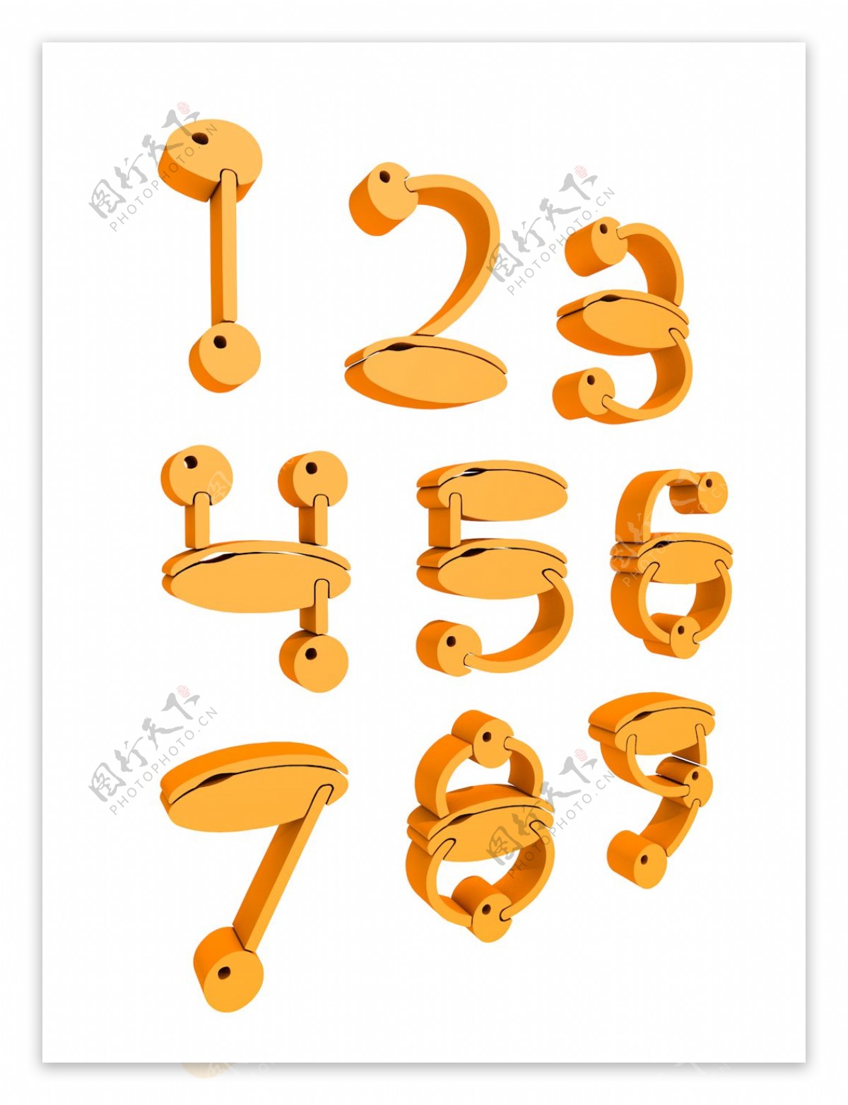 2.5d橘色卡通数字12345678素材