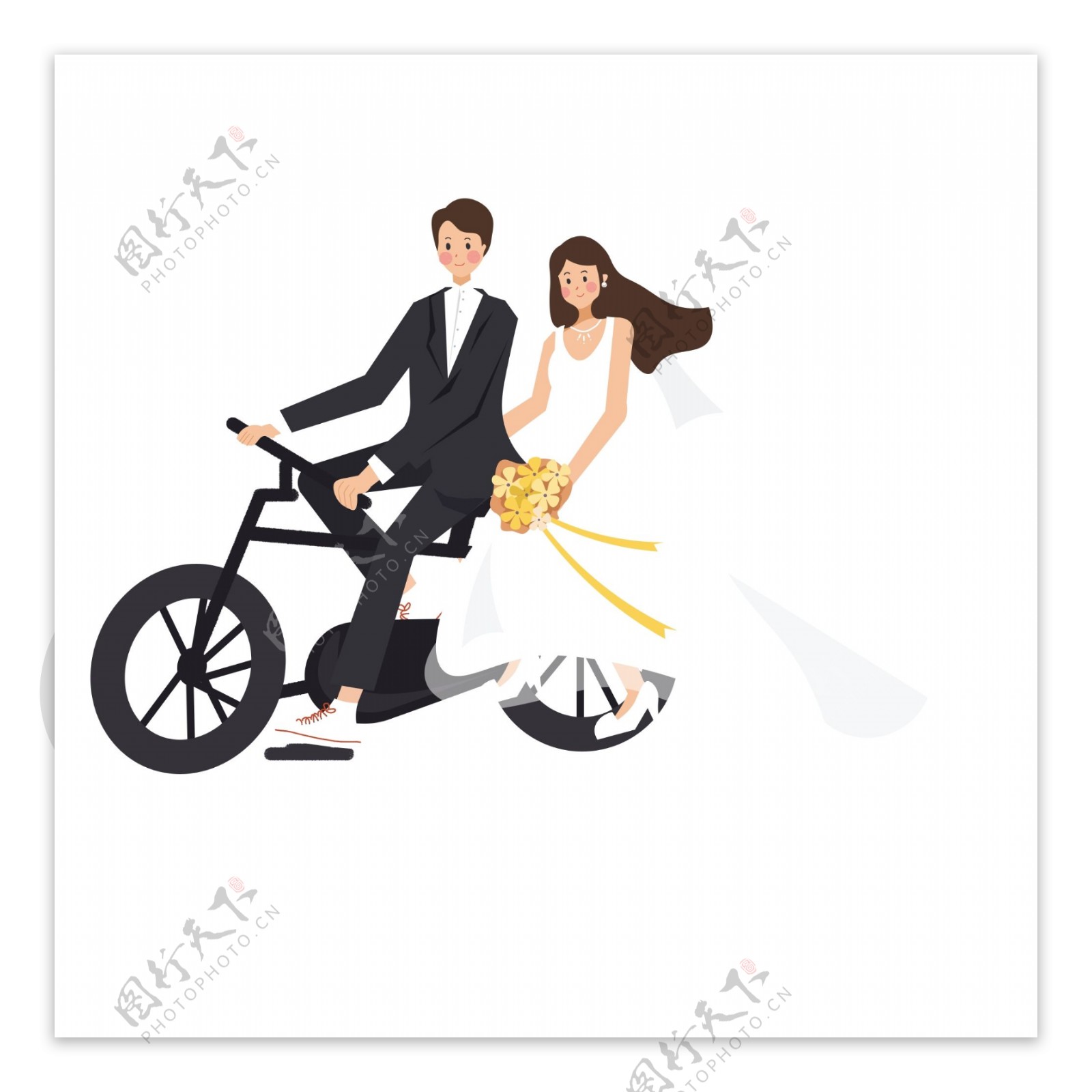 小清新骑着自行车的新郎新娘可商用元素