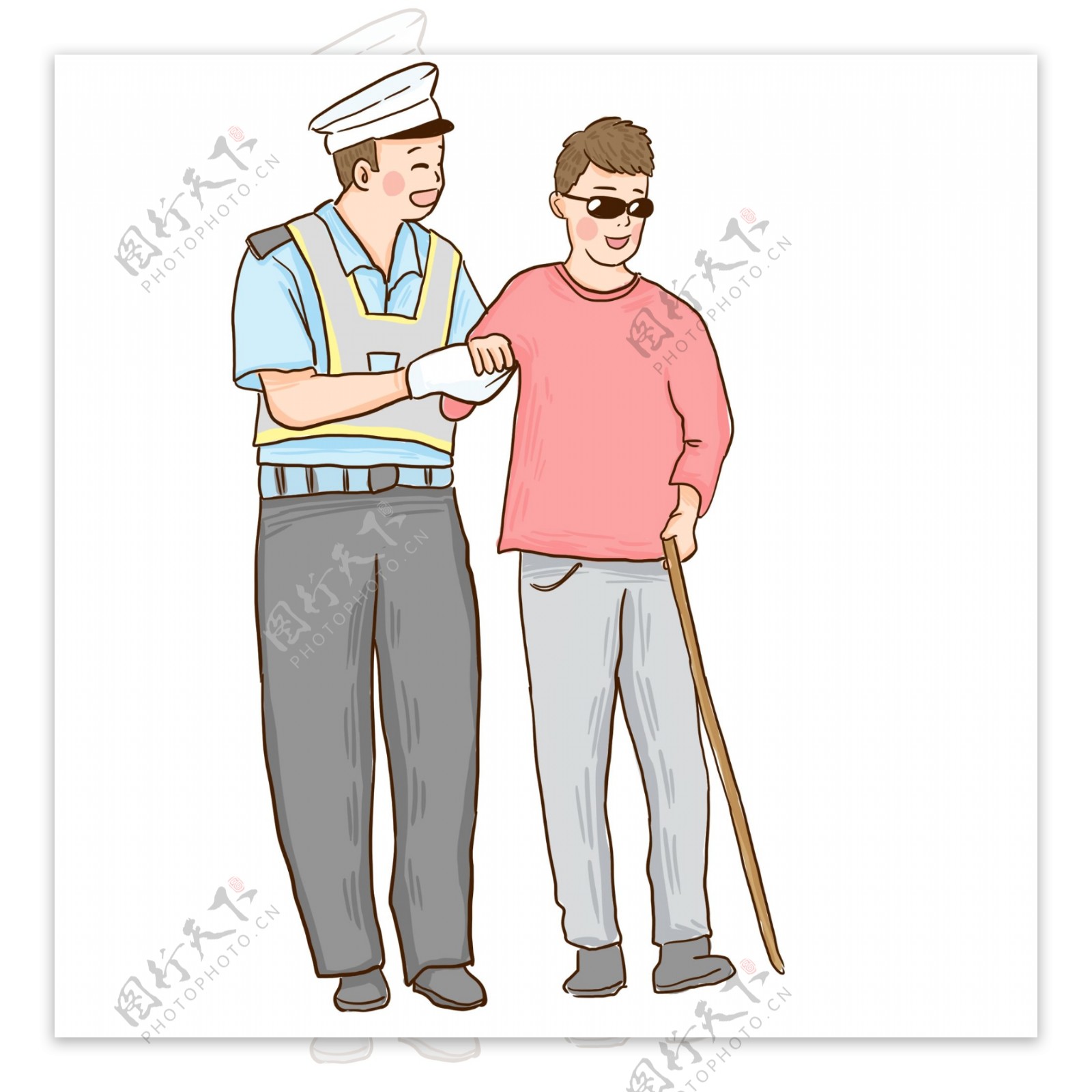 帮助盲人过马路的警察漫画设计可商用元素