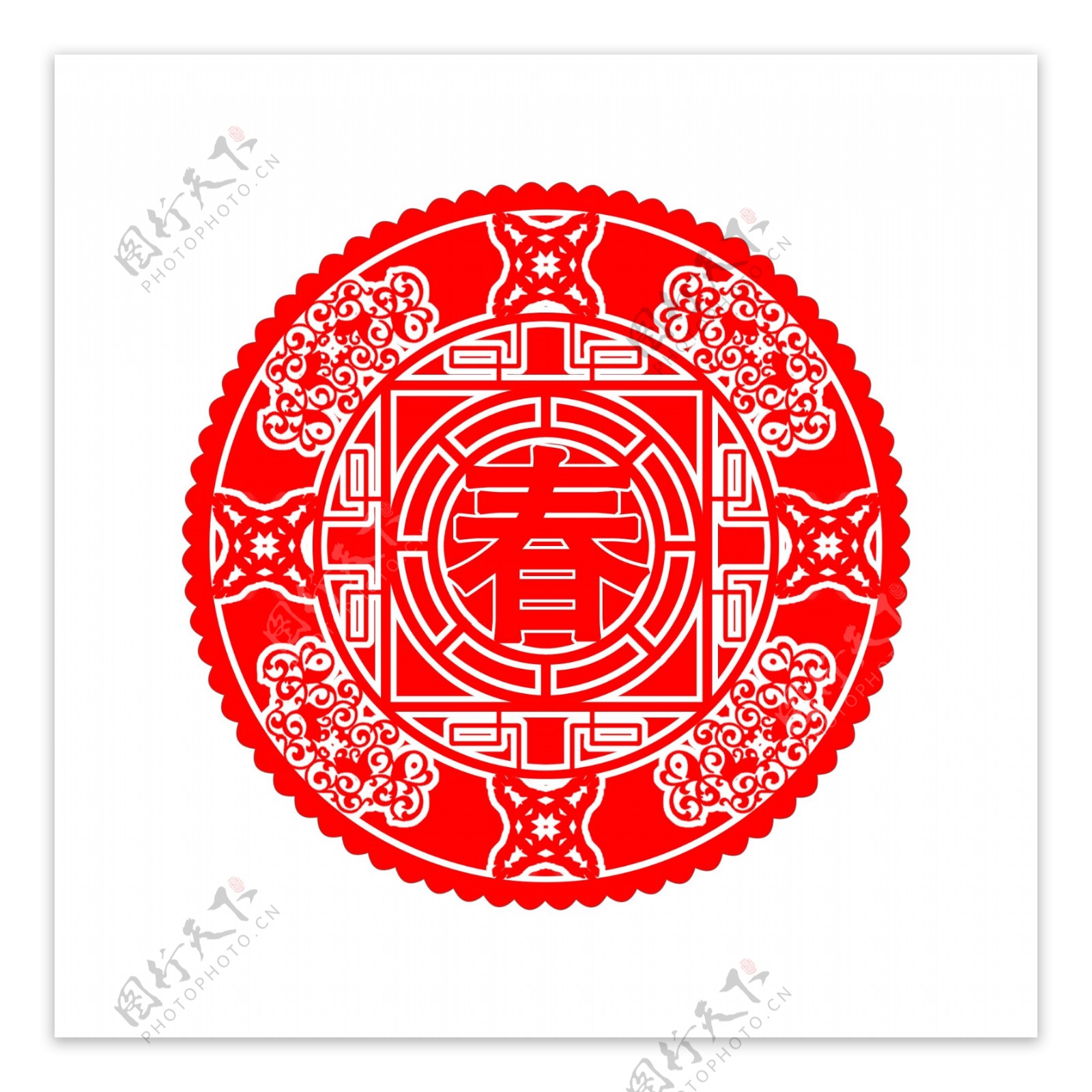 中国风元素红色创意春字圆形剪纸窗花