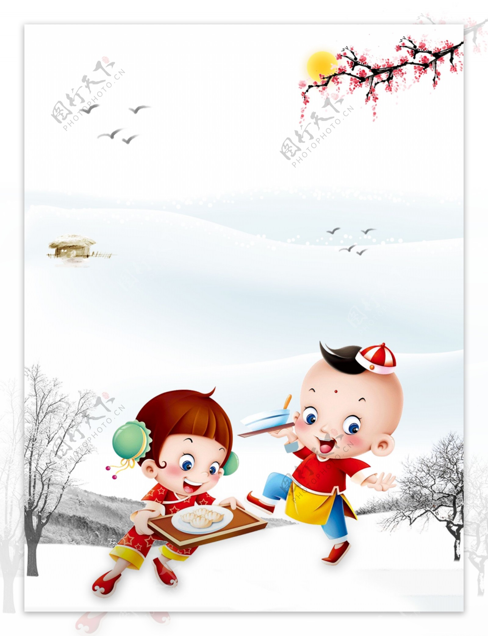 冬至节气雪地上吃饺子的儿童背景