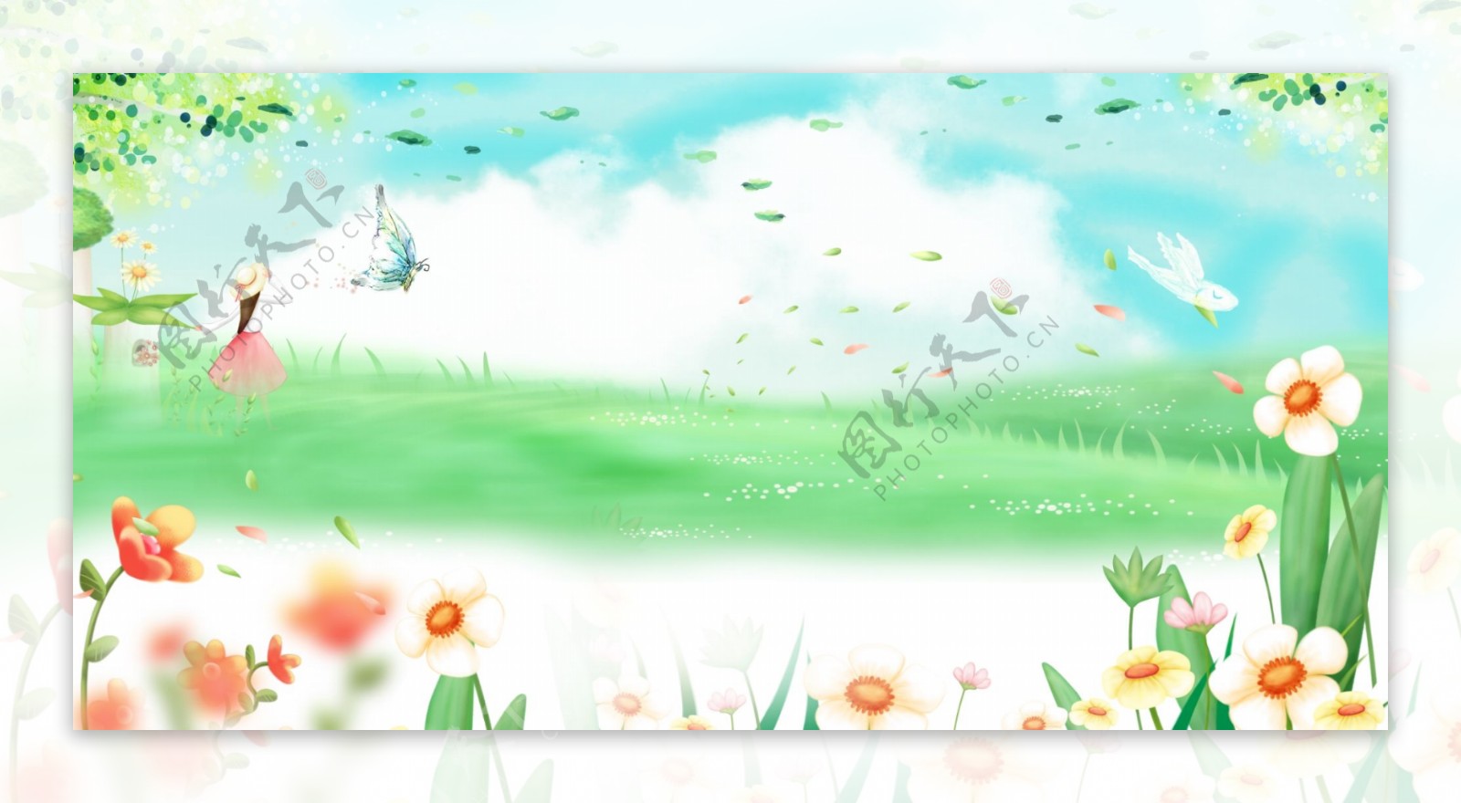浅绿色手绘传统节气立春花卉春天背景