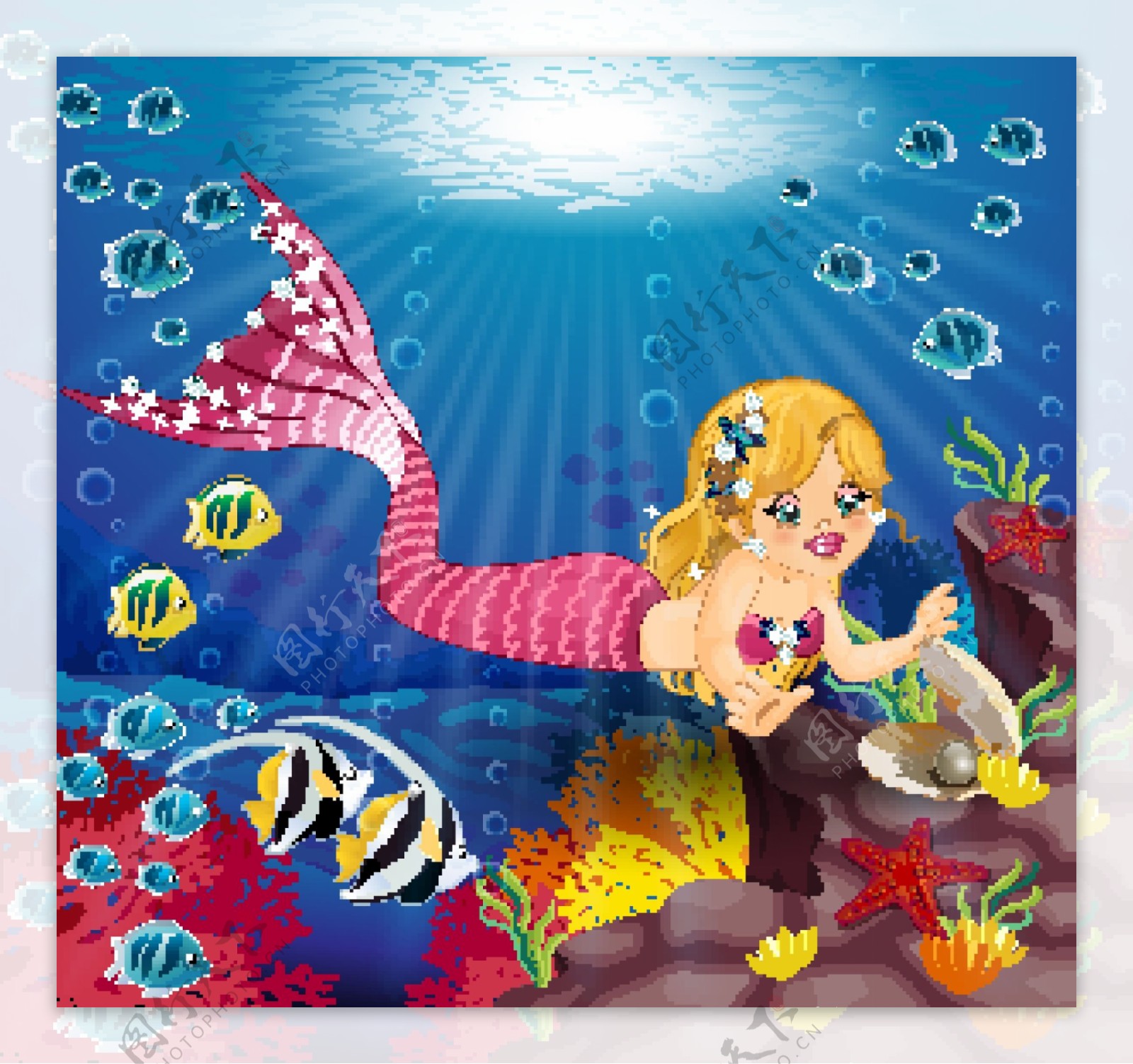 手绘可爱卡通美人鱼海底世界插画