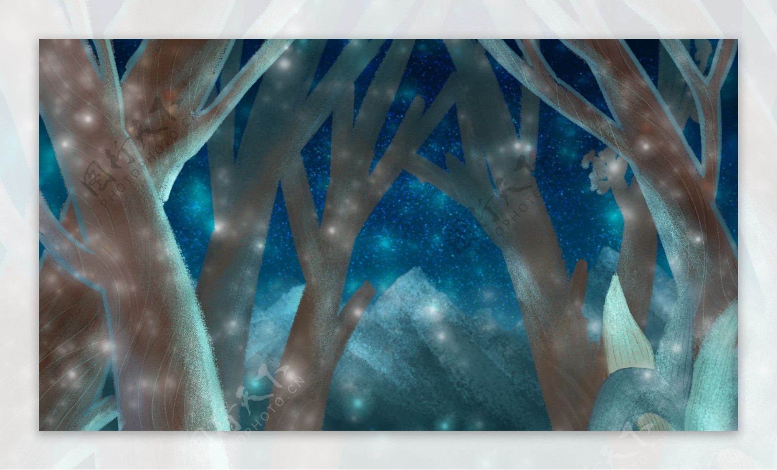 冬天下雪的奇幻森林背景设计