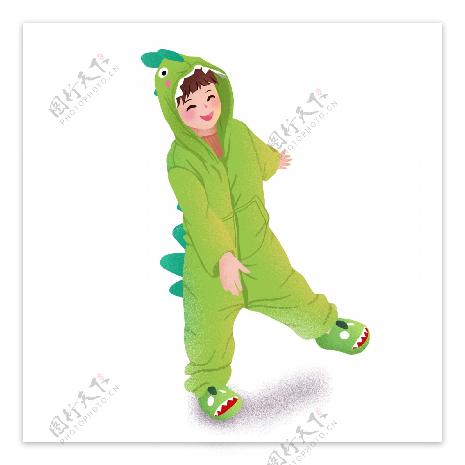 手绘卡通男孩穿着绿色恐龙睡衣原创元素