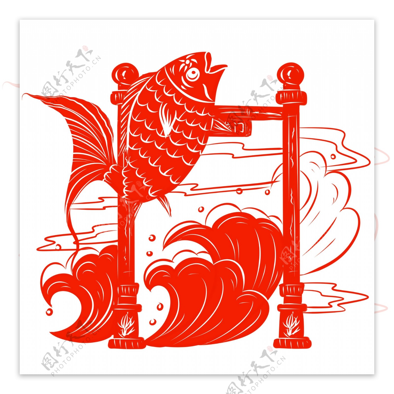 商用手绘新年中国风鲤鱼剪纸鲤鱼跃龙门