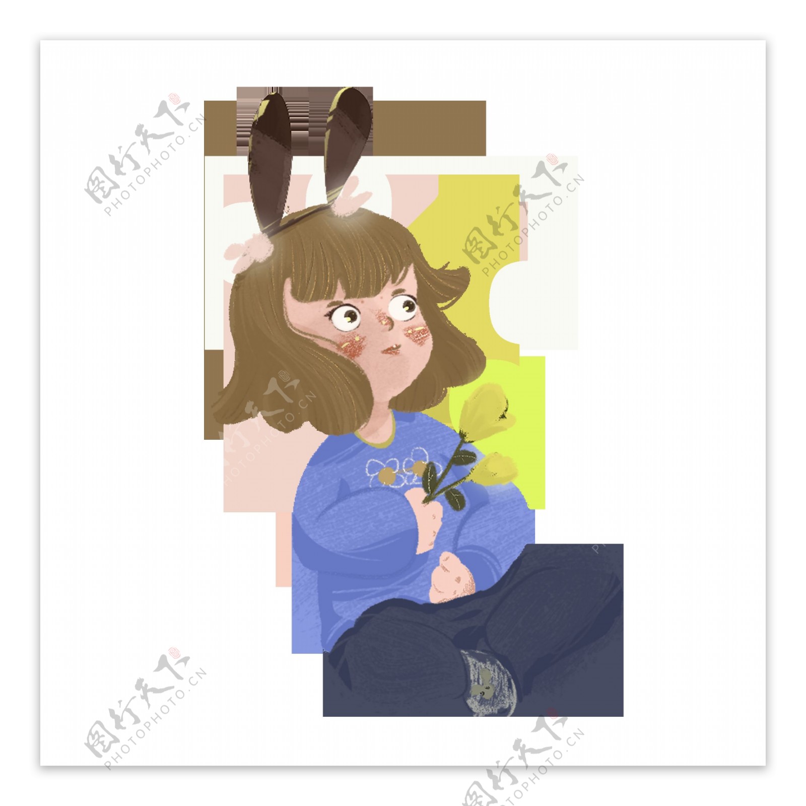 手绘带着兔耳朵的女孩原创元素