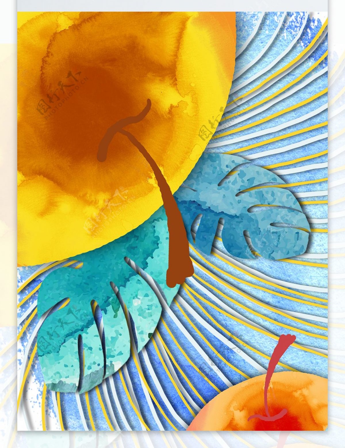 简约橘色水彩手绘苹果客厅装饰画