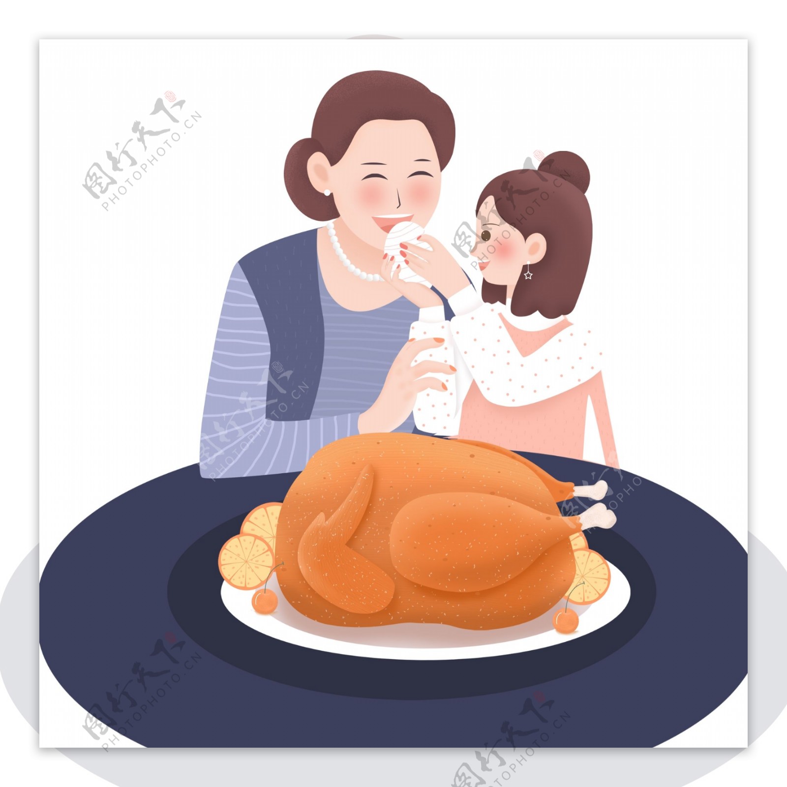 感恩节一起吃火鸡大餐的母女俩