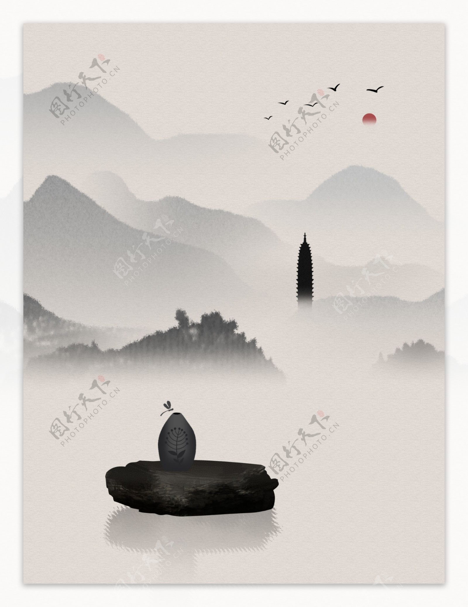 中式山水陶瓷有蜻蜓山水装饰画
