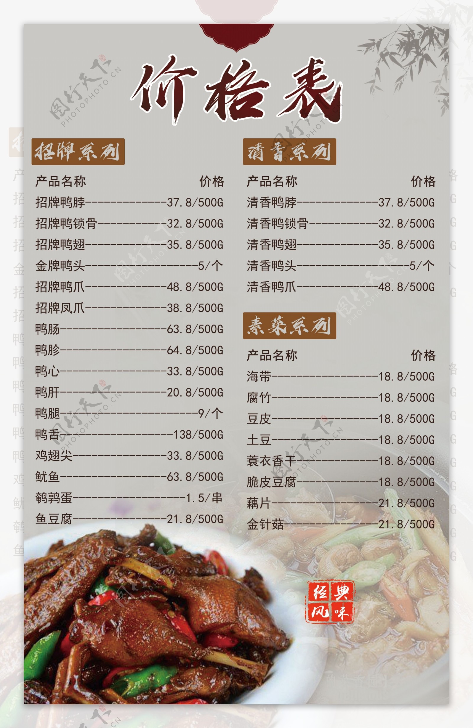 家常菜菜单价格表