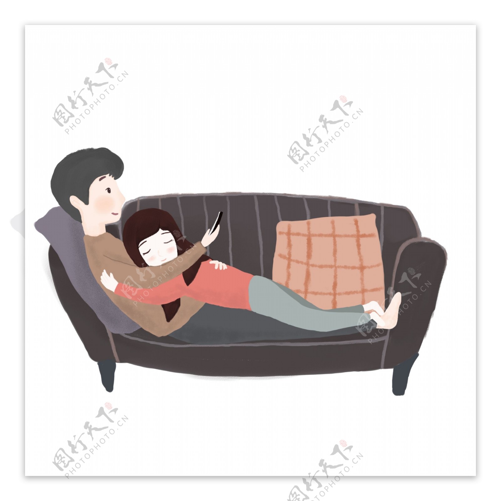 卡通手绘沙发上的情侣人物插画