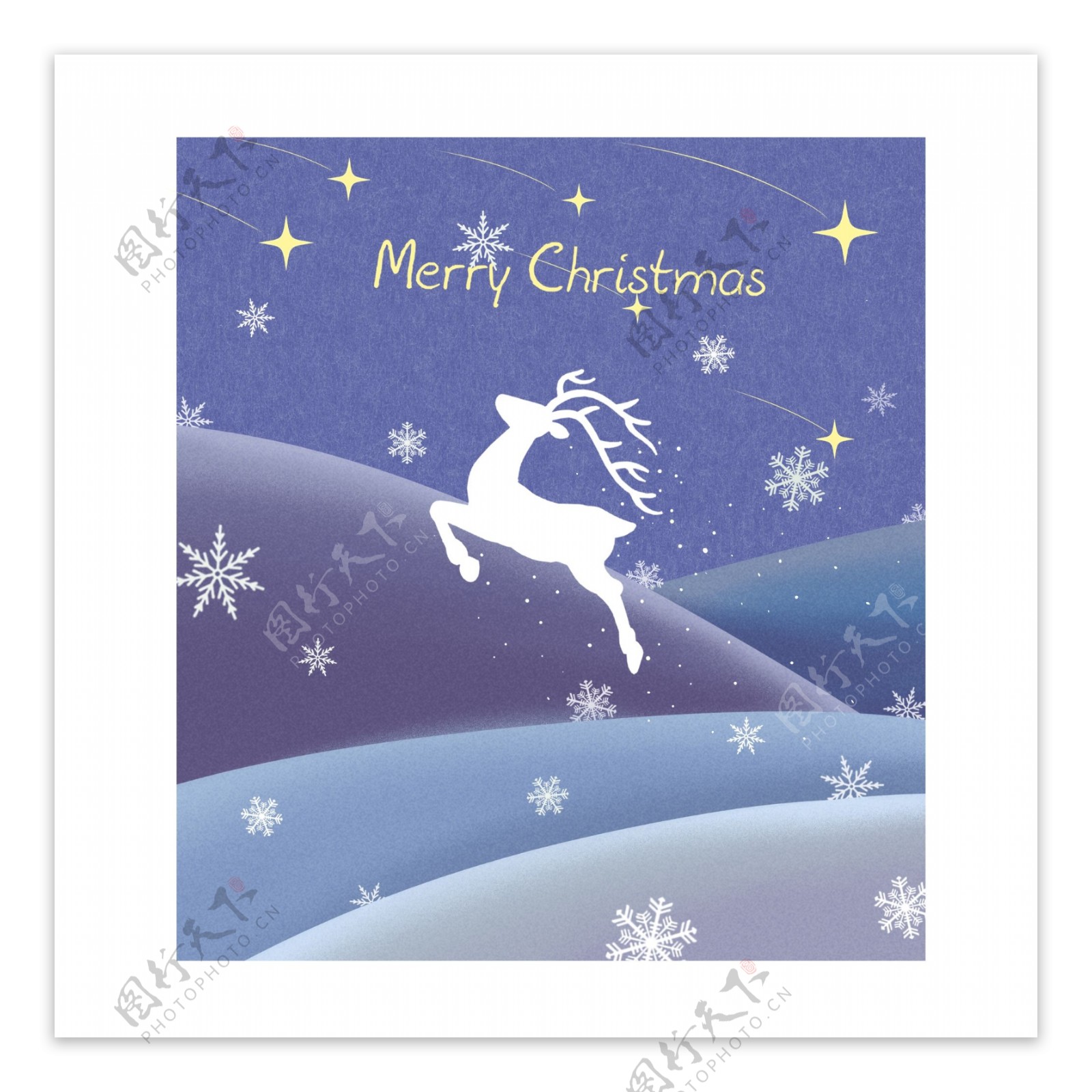 手绘圣诞节邮票驯鹿雪花蓝色夜景贴纸可商用