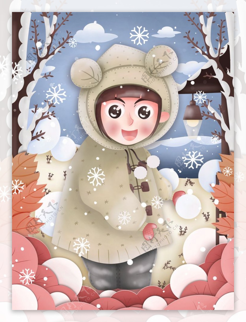 冬天小女孩户外玩雪球插画