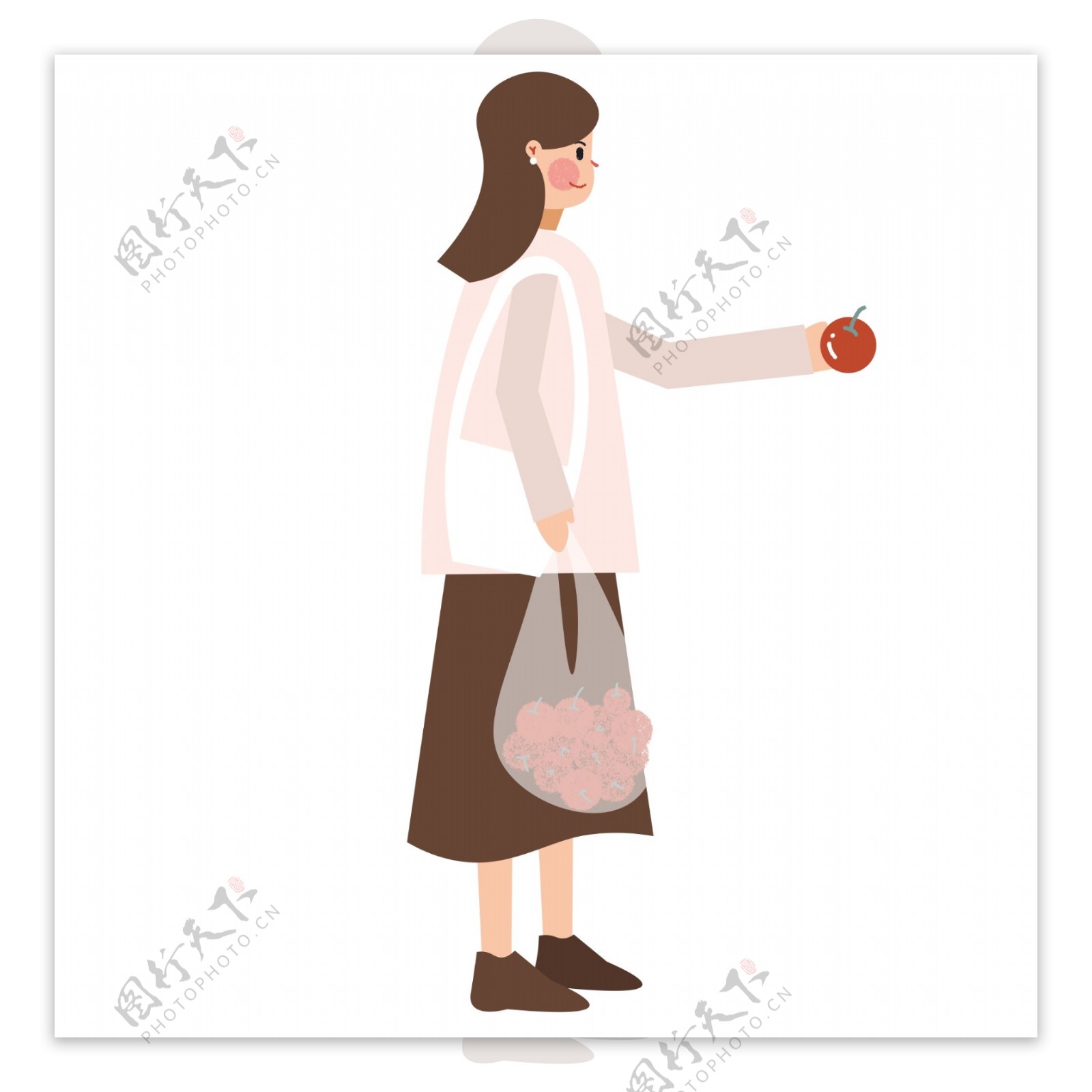 卡通拿着一袋苹果的女人