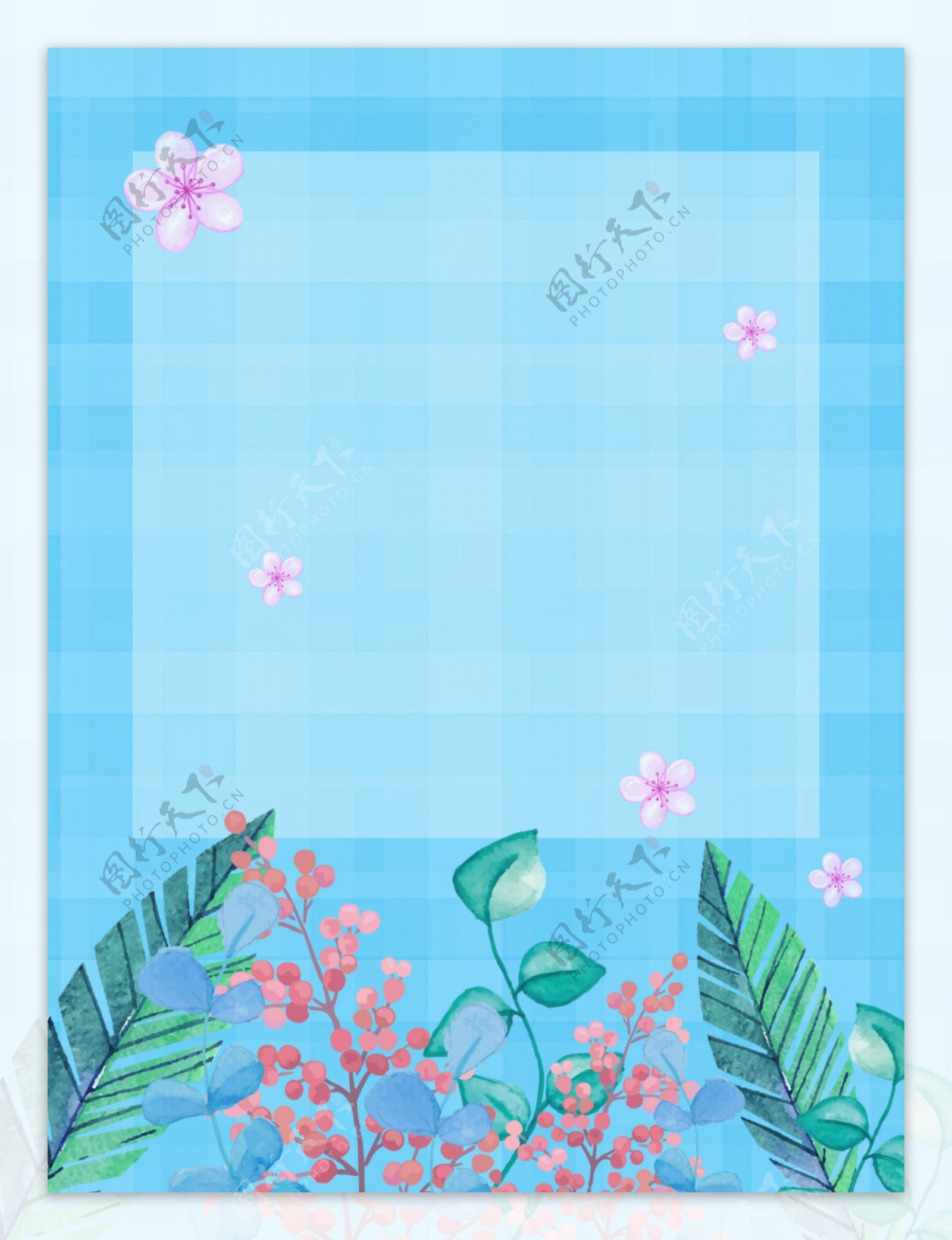蓝色方格小清新手绘风花朵树叶背景设计