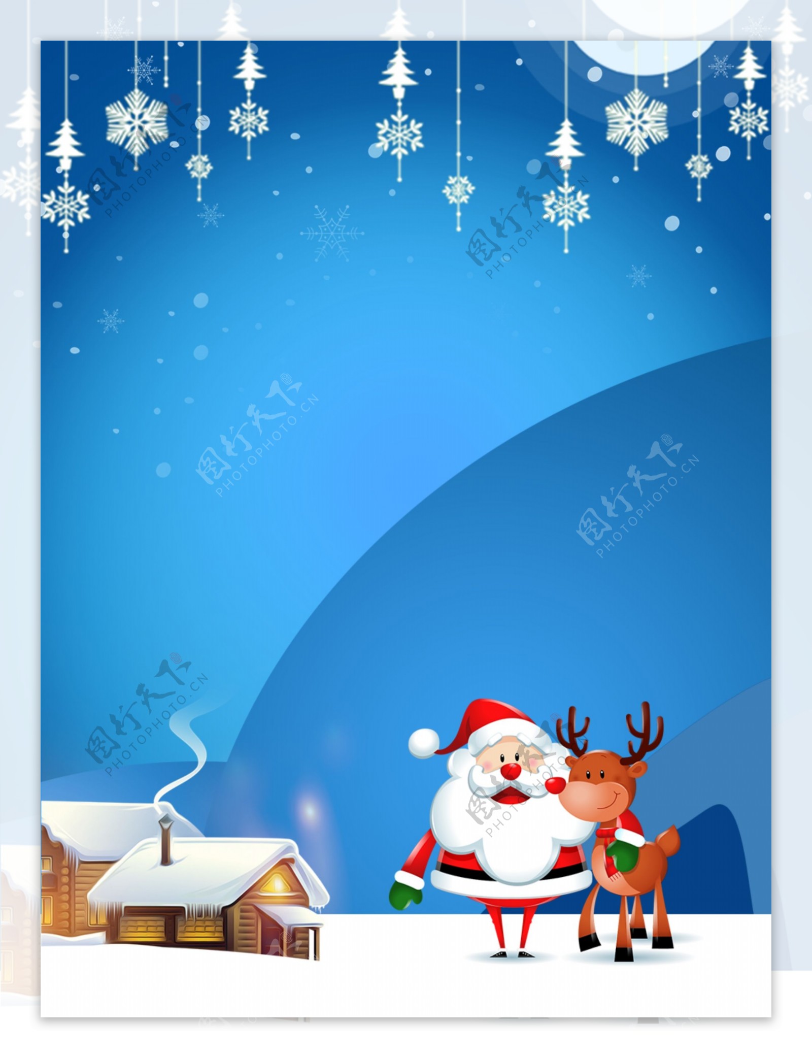 圣诞节背景蓝色圣诞节雪花麋鹿小房子