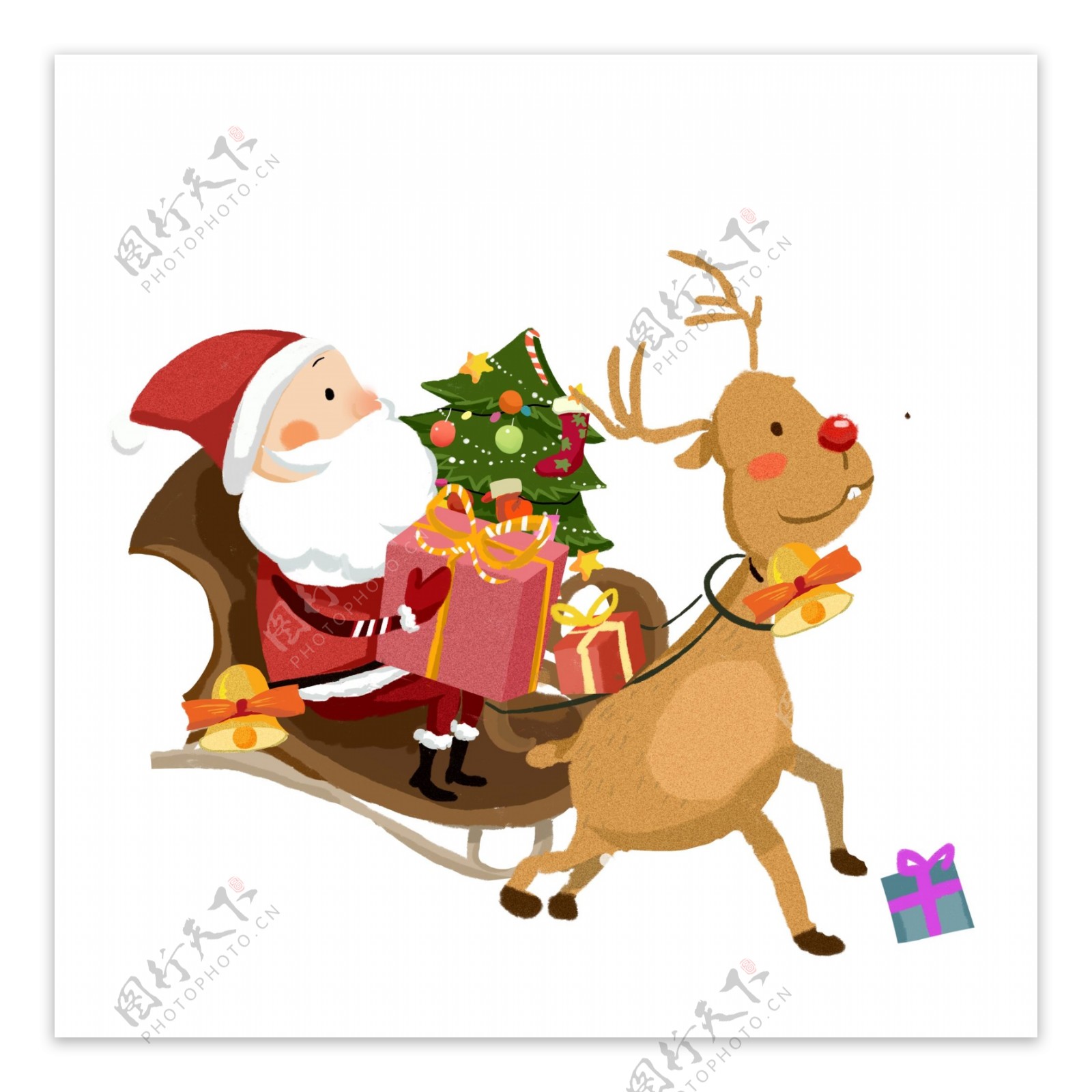 卡通送礼物的圣诞老人和小鹿插画元素