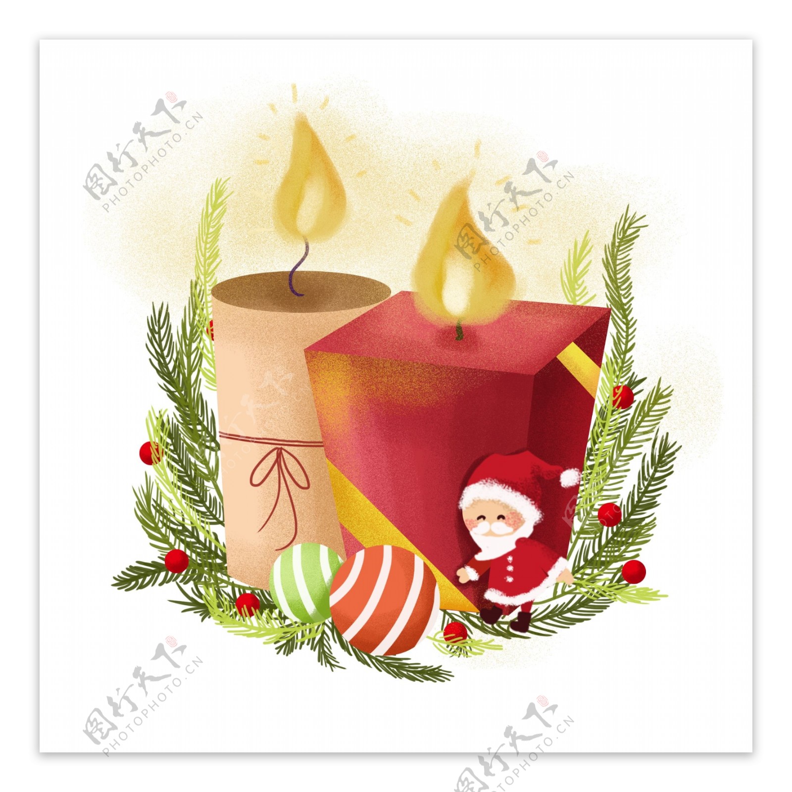 圣诞节平安夜圣诞老人与节日元素蜡烛