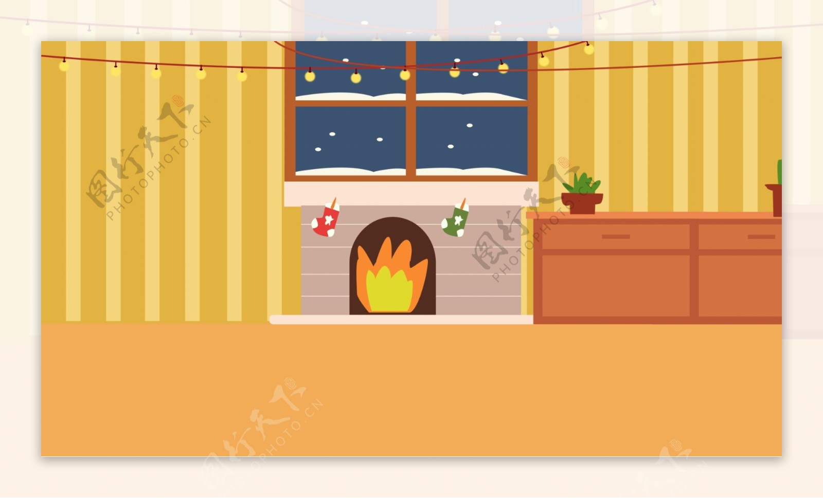 手绘西方节日圣诞节室内壁炉背景素材
