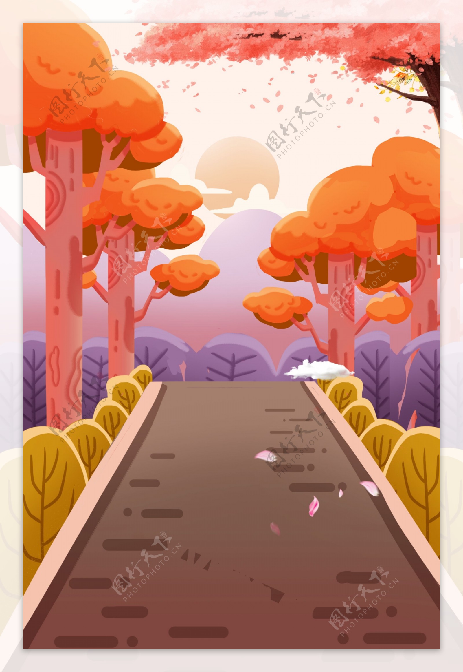 彩绘11月你好秋季林间小路H5背景设计