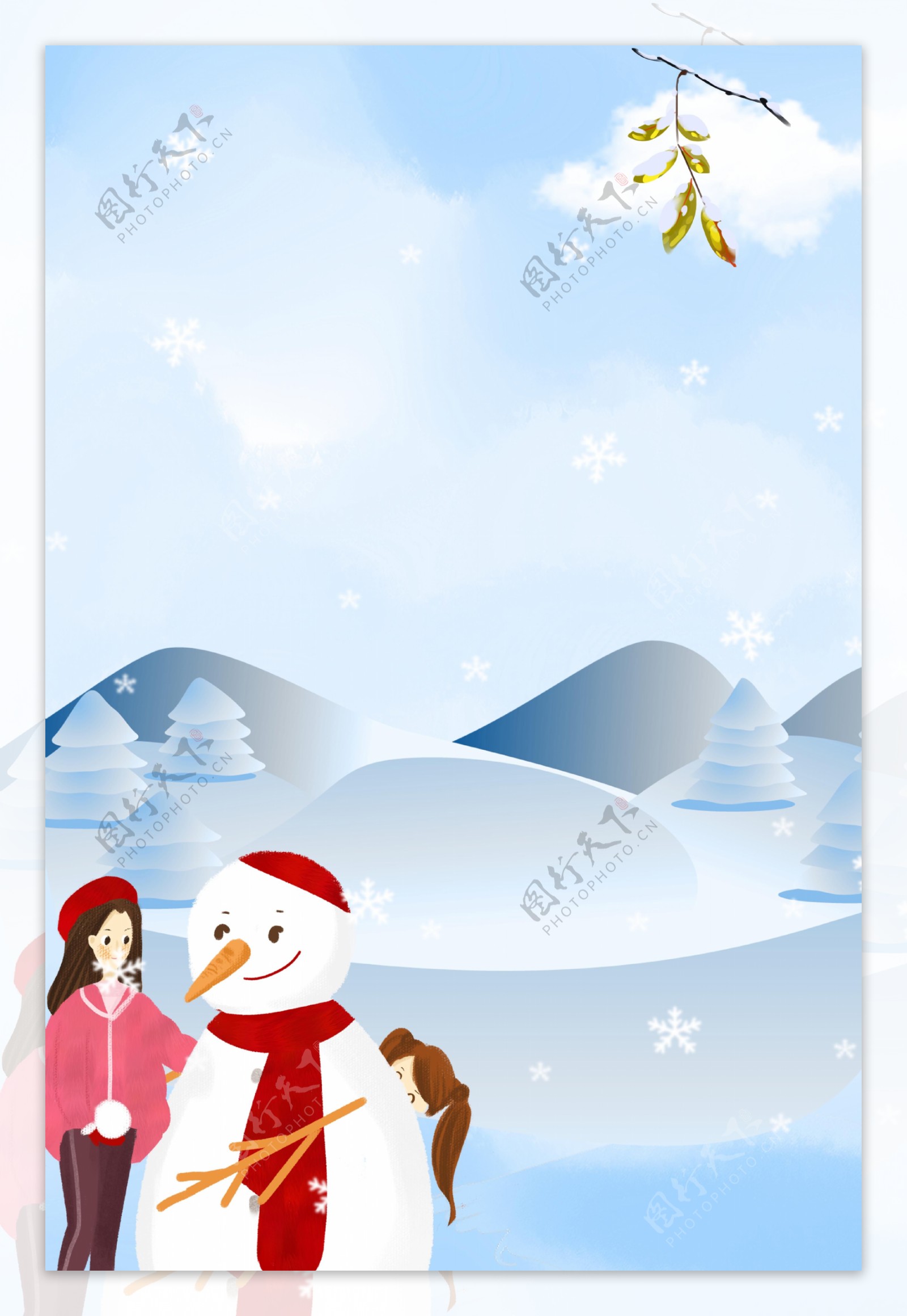 彩绘冬季雪地雪人背景展板