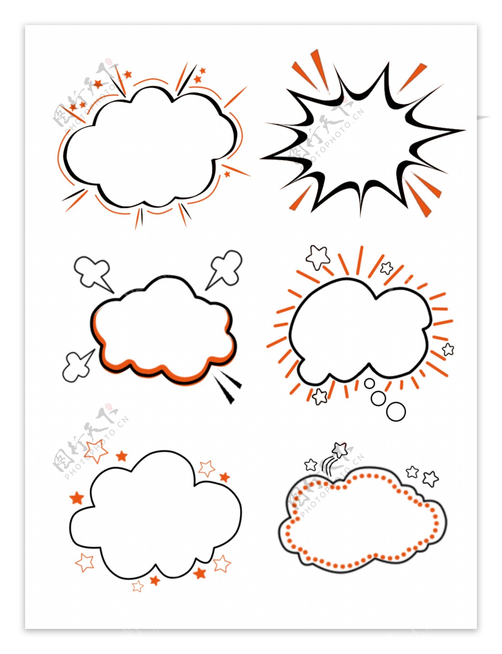 手绘简约橘红色卡通对话框爆炸云气泡元素