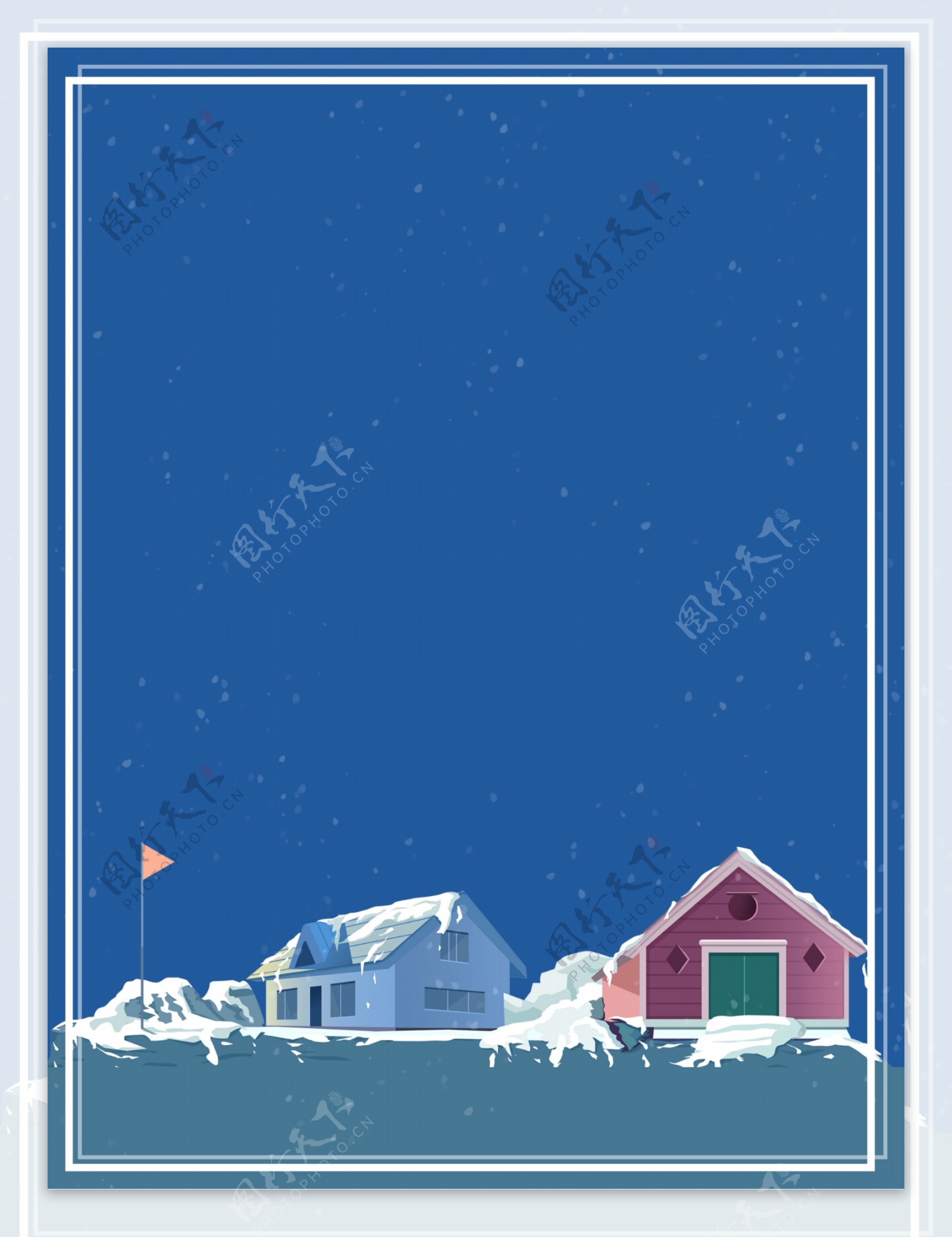 传统蓝色冬季房子雪山背景