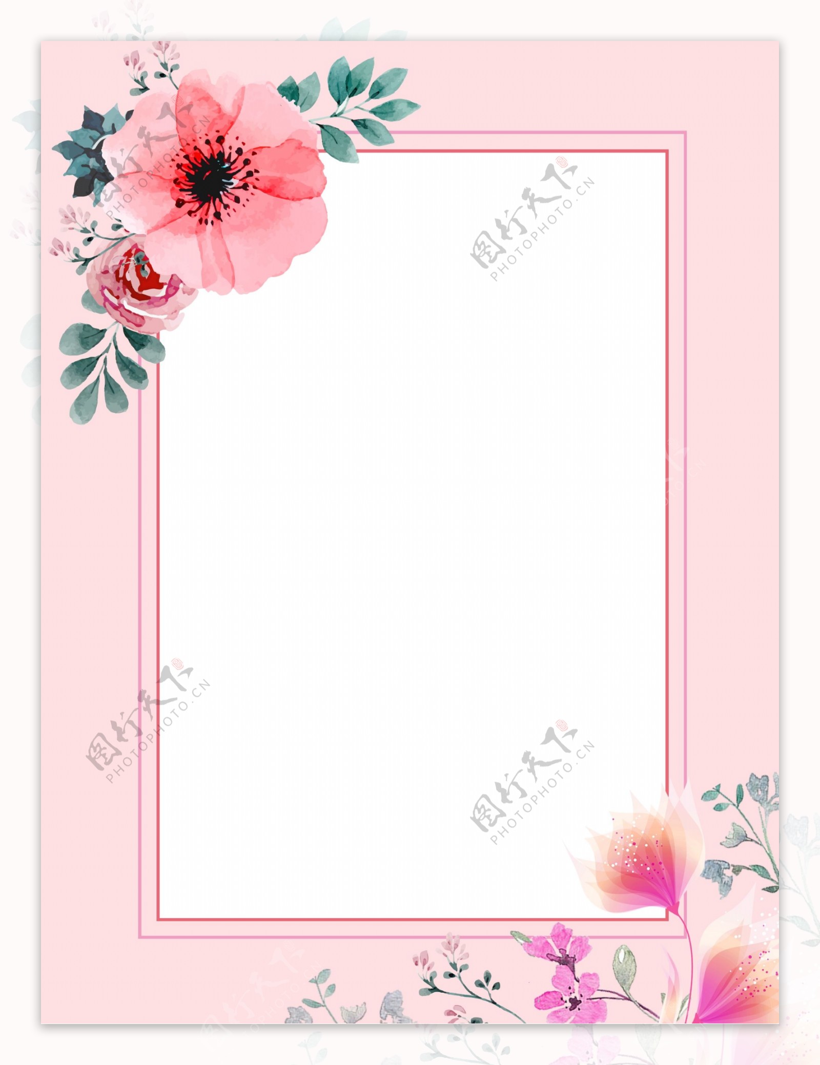 手绘花朵叶子粉色温馨背景设计