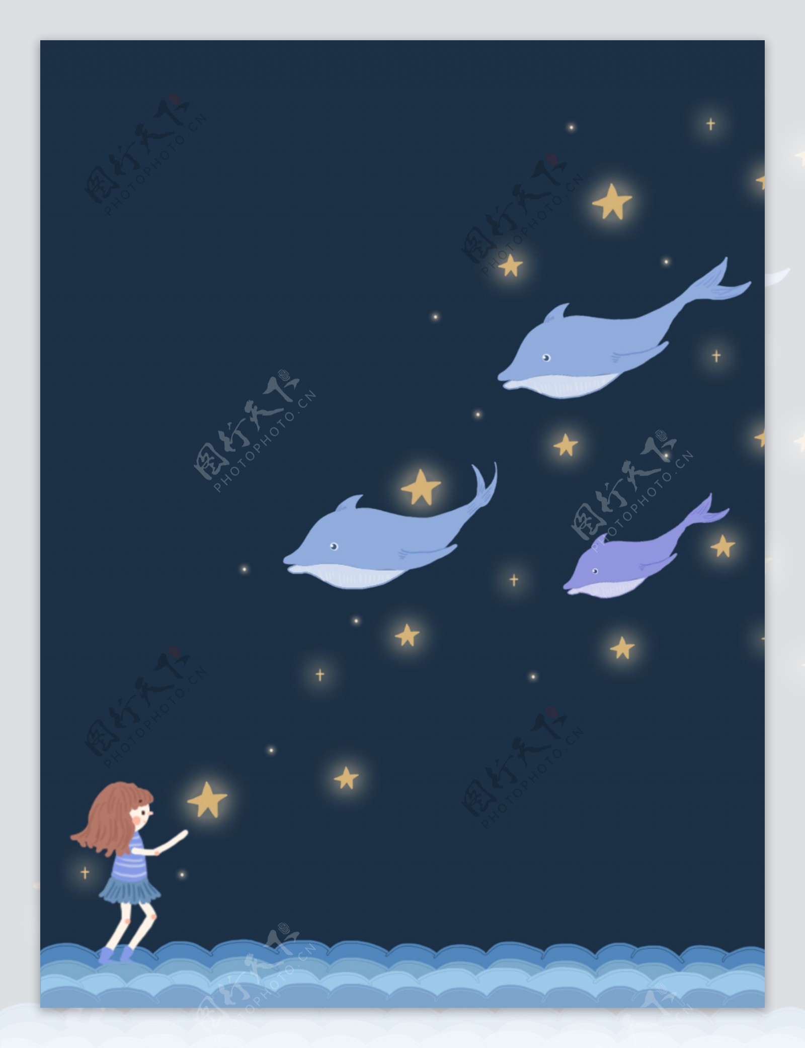 手绘梦幻少女与鱼在夜空和星星下的背景素材